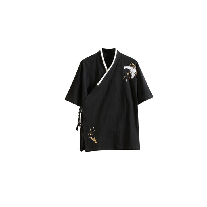Camiseta de manga corta de lino y algodón para hombre con traje Tang con bordado de grulla y Buddha Stones , con cordones laterales - image 9