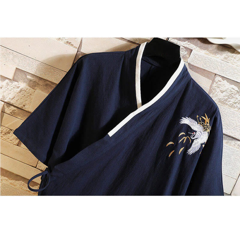 Camiseta de manga corta de lino y algodón para hombre con traje Tang con bordado de grulla y Buddha Stones , con cordones laterales - image 14