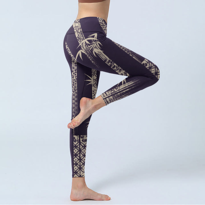 Leggings de yoga para mujer con estampado de ondas de agua y bambú y Buddha Stones - image 3