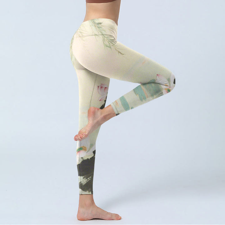 Leggings de yoga para mujer con estampado de Buddha Stones, hojas de sauce y estanque de loto - image 4