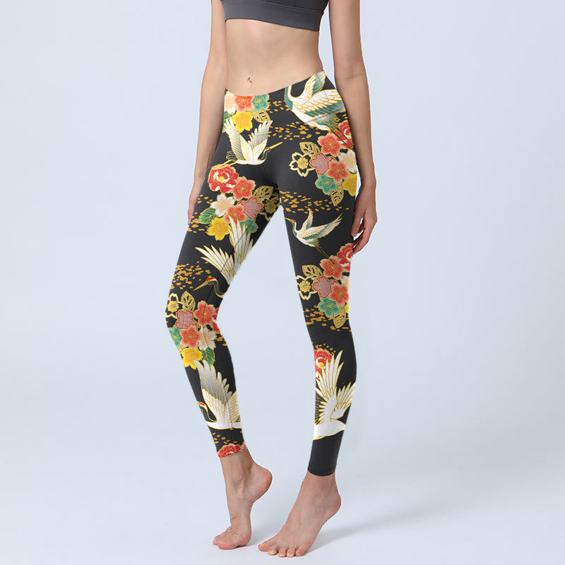 Leggings de yoga para mujer con estampado floral colorido y grullas de corona roja y Buddha Stones - Negro - US18，UK/AU22，EU50 (4XL) - image 0