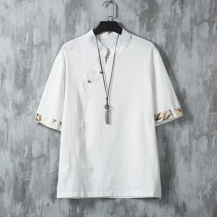 Camisa de lino y algodón de media manga para hombre, con estampado de rana china y botones de verano, con diseño de Buddha Stones - Blanco - US/UK/AU46, EU56 (5XL) - image 1