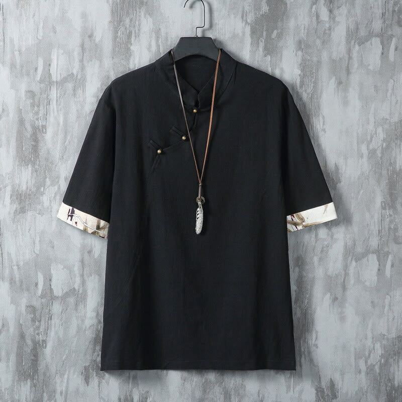 Camisa de lino y algodón de media manga para hombre, con estampado de rana china y botones de verano, con diseño de Buddha Stones - Negro - US/UK/AU46, EU56 (5XL) - image 7