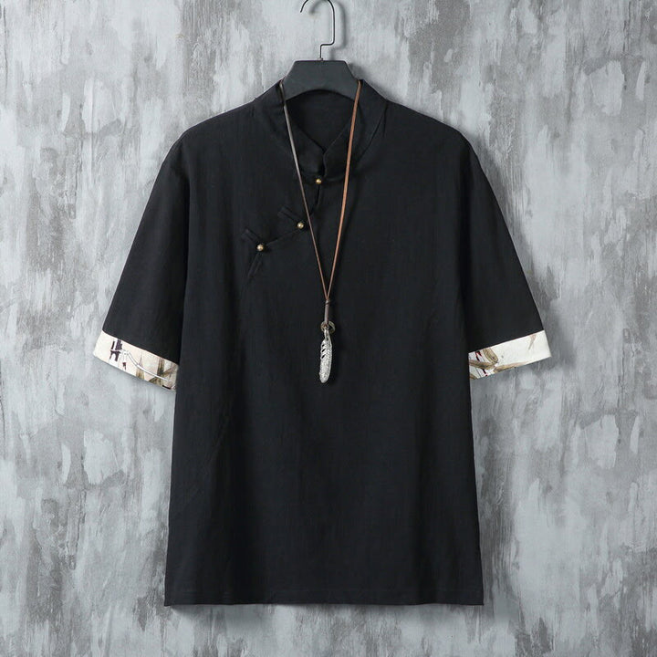 Camisa de lino y algodón de media manga para hombre, con estampado de rana china y botones de verano, con diseño de Buddha Stones - Negro - US/UK/AU46, EU56 (5XL) - image 7