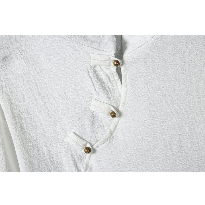 Camisa de lino y algodón de media manga para hombre, con estampado de rana china y botones de verano, con diseño de Buddha Stones - image 3