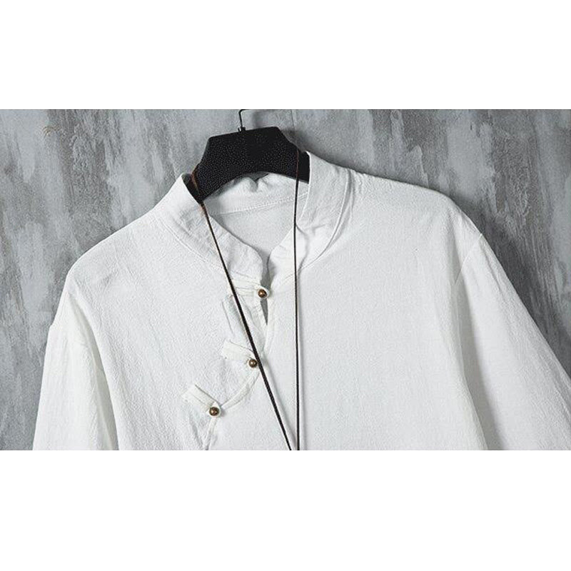 Camisa de lino y algodón de media manga para hombre, con estampado de rana china y botones de verano, con diseño de Buddha Stones - image 2