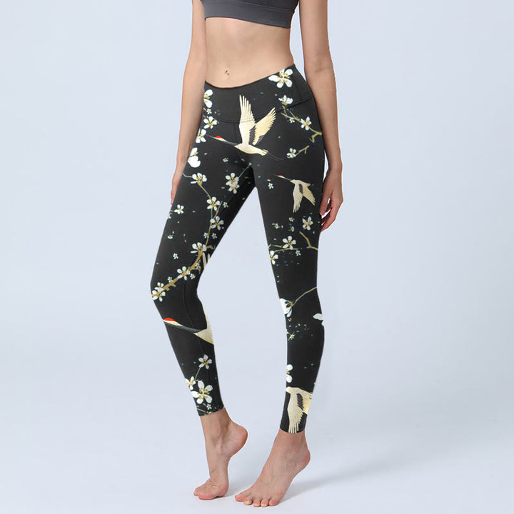 Leggings de yoga para mujer con estampado de grullas de corona roja, ciruelos y piedras de Buddha Stones - Negro - US18，UK/AU22，EU50 (4XL) - image 1