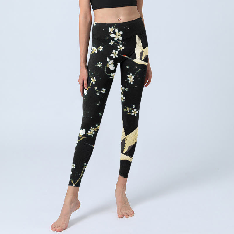 Leggings de yoga para mujer con estampado de grullas de corona roja, ciruelos y piedras de Buddha Stones - image 6