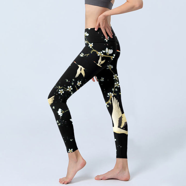 Leggings de yoga para mujer con estampado de grullas de corona roja, ciruelos y piedras de Buddha Stones - image 3