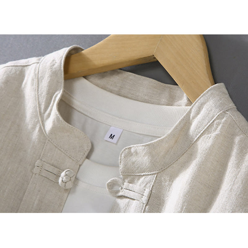 Camisa de lino y algodón para hombre con botones de rana, estilo vintage, con estampado de Buddha Stones y bolsillos. - image 3