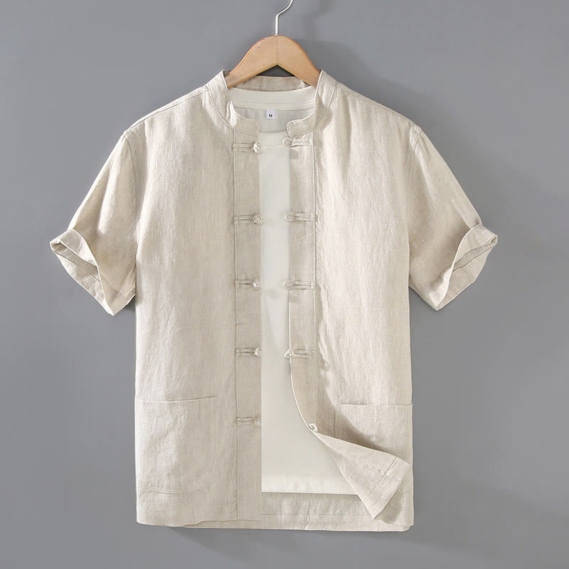 Camisa de lino y algodón para hombre con botones de rana, estilo vintage, con estampado de Buddha Stones y bolsillos. - Beige - US/UK/AU46, EU56 (5XL) - image 1