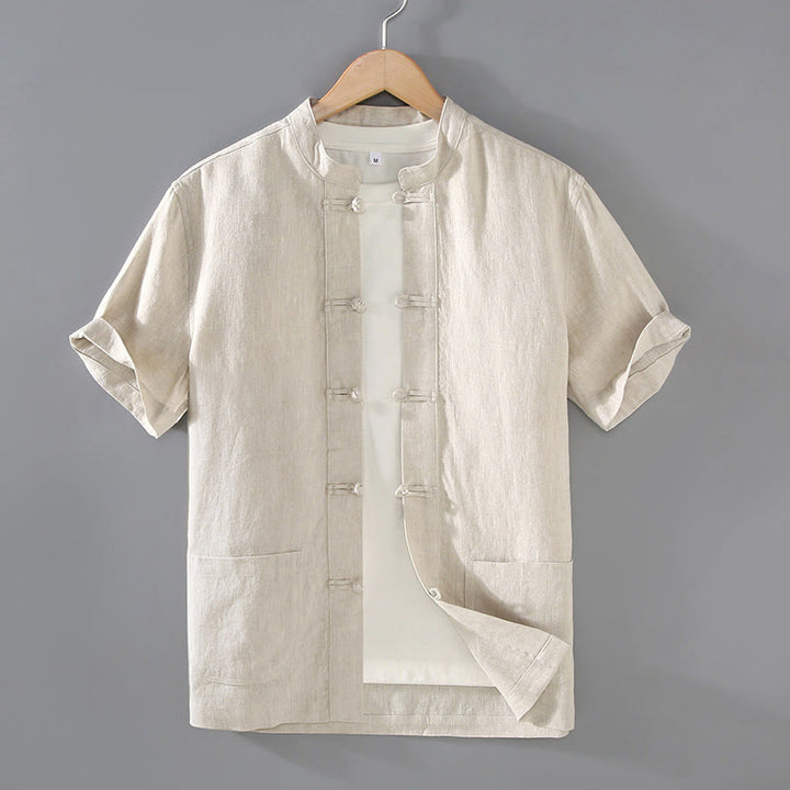 Camisa de lino y algodón para hombre con botones de rana, estilo vintage, con estampado de Buddha Stones y bolsillos. - Beige - US/UK/AU46, EU56 (5XL) - image 1