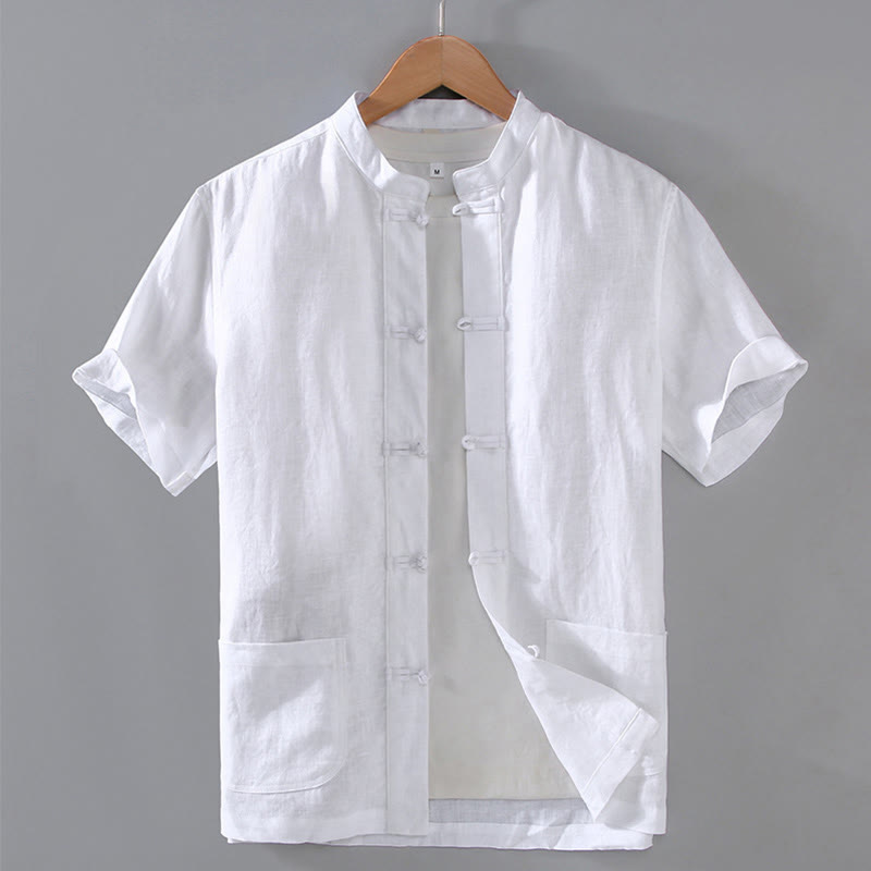 Camisa de lino y algodón para hombre con botones de rana, estilo vintage, con estampado de Buddha Stones y bolsillos. - Blanco - US/UK/AU46, EU56 (5XL) - image 10