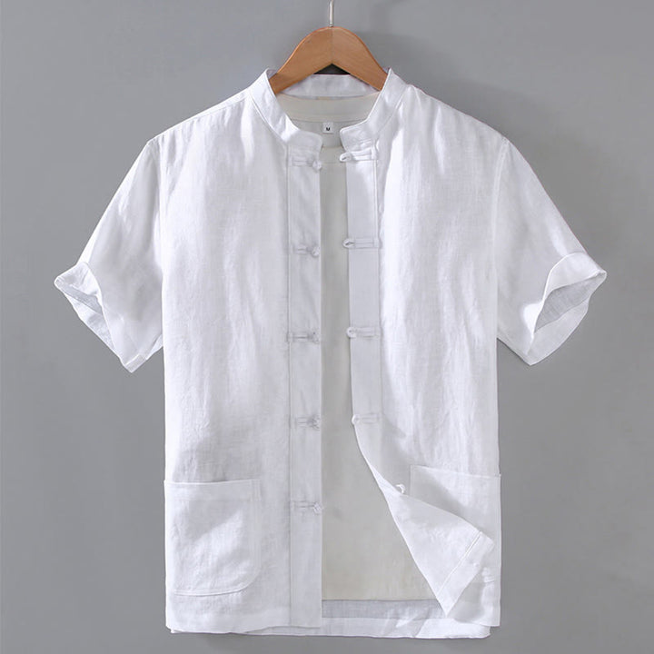 Camisa de lino y algodón para hombre con botones de rana, estilo vintage, con estampado de Buddha Stones y bolsillos. - Blanco - US/UK/AU46, EU56 (5XL) - image 10