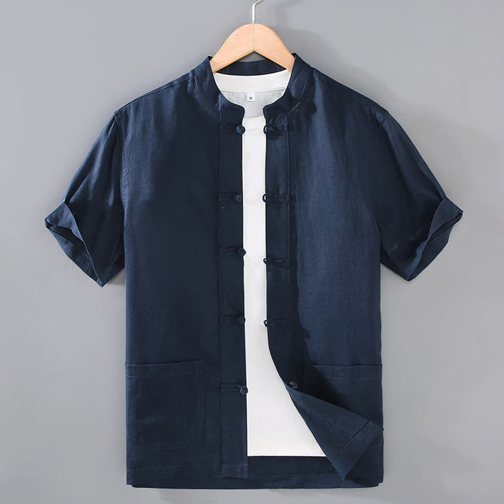 Camisa de lino y algodón para hombre con botones de rana, estilo vintage, con estampado de Buddha Stones y bolsillos. - Azul medianoche - US/UK/AU46, EU56 (5XL) - image 9