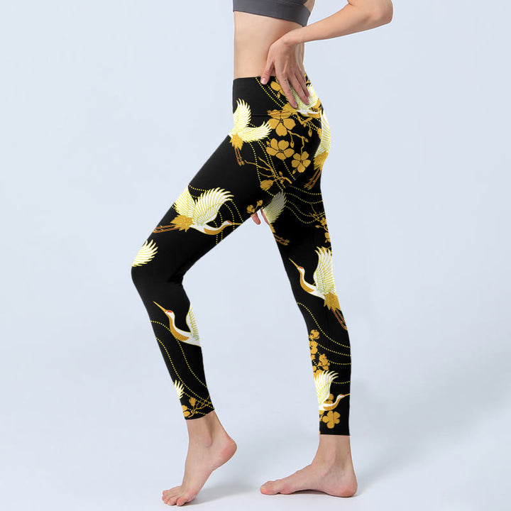 Leggings de yoga para mujer con estampado de líneas de flores doradas, grullas de corona roja y Buddha Stones - image 3