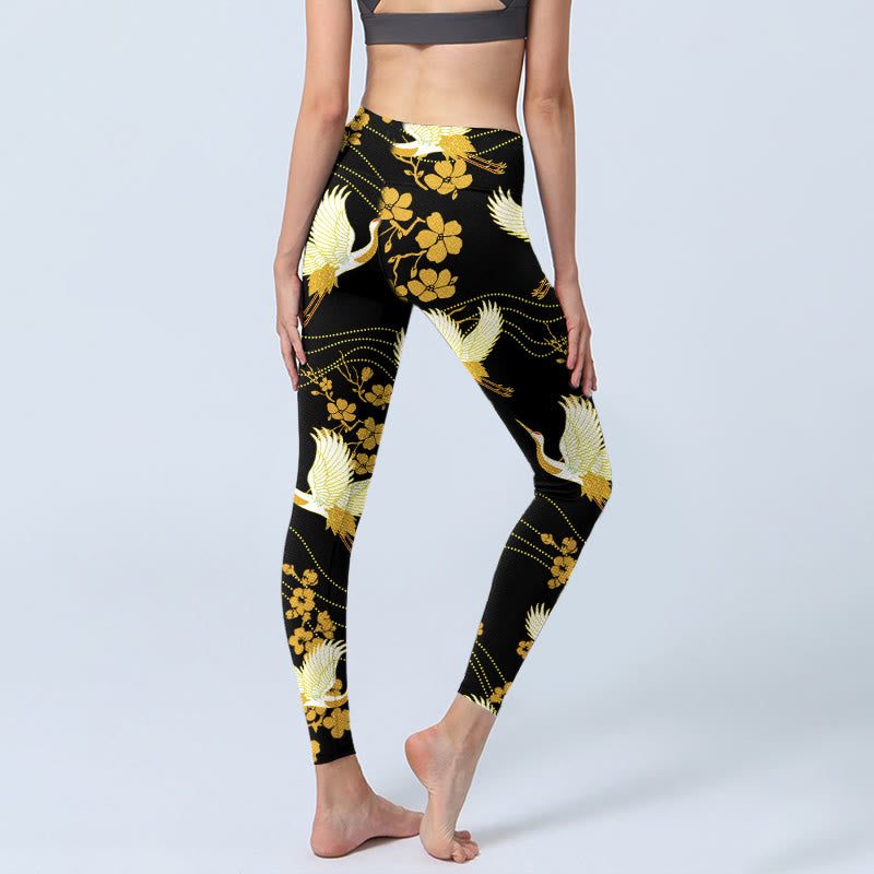 Leggings de yoga para mujer con estampado de líneas de flores doradas, grullas de corona roja y Buddha Stones - image 4