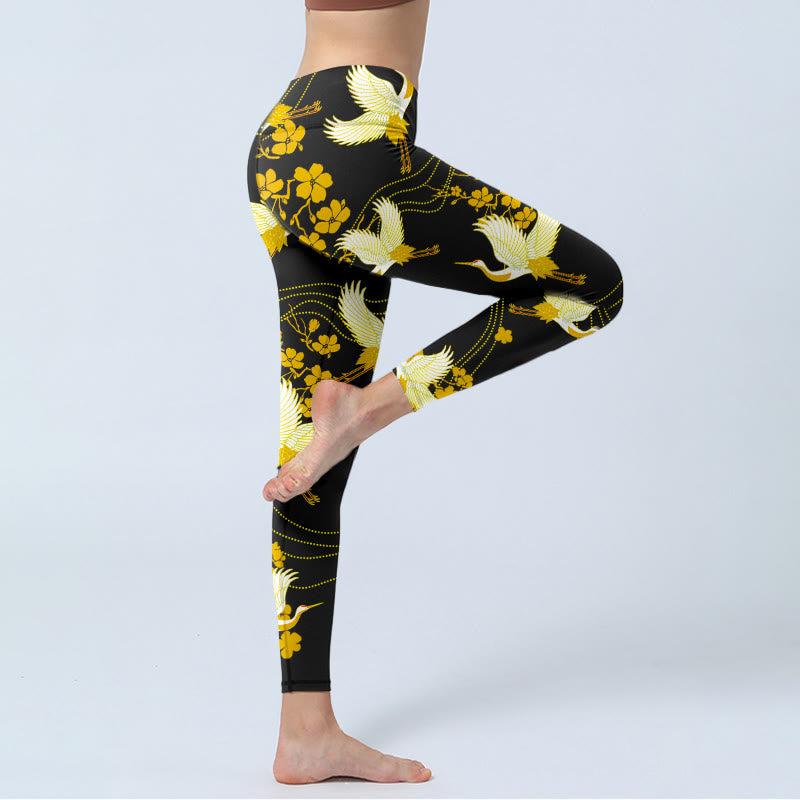 Leggings de yoga para mujer con estampado de líneas de flores doradas, grullas de corona roja y Buddha Stones - image 4