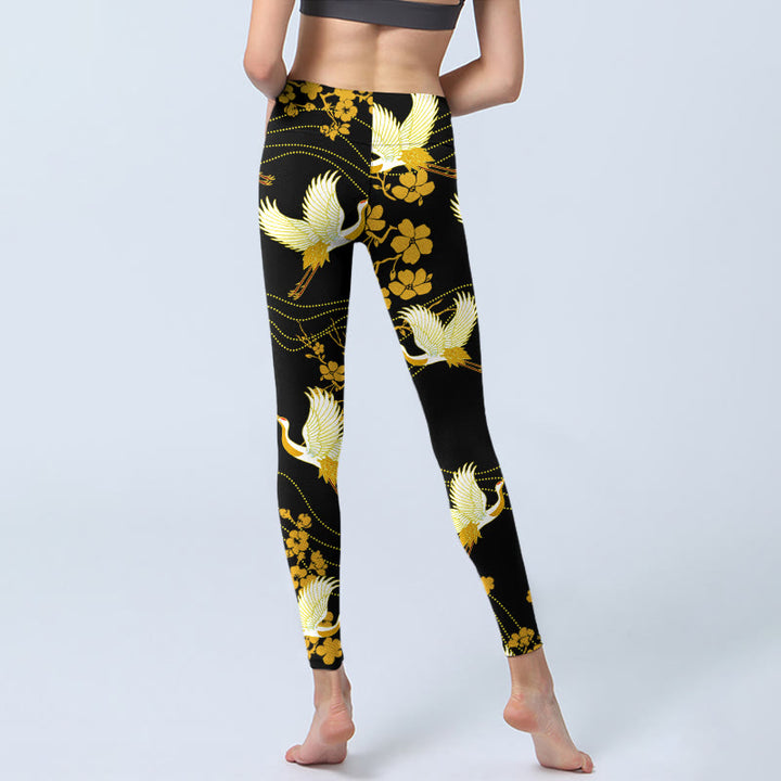 Leggings de yoga para mujer con estampado de líneas de flores doradas, grullas de corona roja y Buddha Stones - image 7