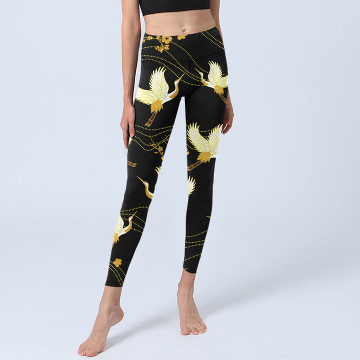 Leggings de yoga para mujer con estampado de líneas de flores doradas, grullas de corona roja y Buddha Stones - image 6