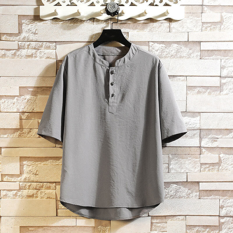 Chaqueta estilo camisa de manga corta para hombre, estilo vintage, informal, de color liso, con estampado de Buddha Stones - Gris - US/UK/AU46, EU56 (5XL) - image 0