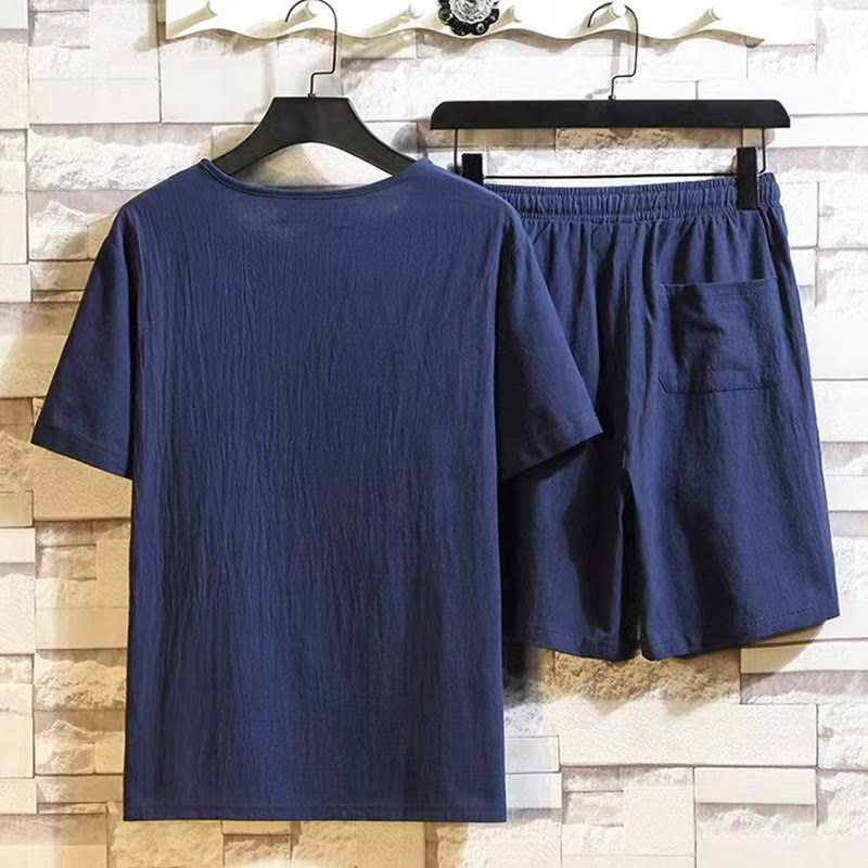 Conjunto deportivo de verano Buddha Stones, 2 piezas, camiseta de color liso con cuello entallado y pantalones cortos con cordón y bolsillos, de algodón y lino, para hombre. - image 1