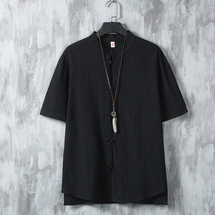 Camisa de lino y algodón de manga corta para hombre, estilo casual, con botones de rana chinos, estilo diario, Buddha Stones - Negro - US/UK/AU46, EU56 (5XL) - image 10