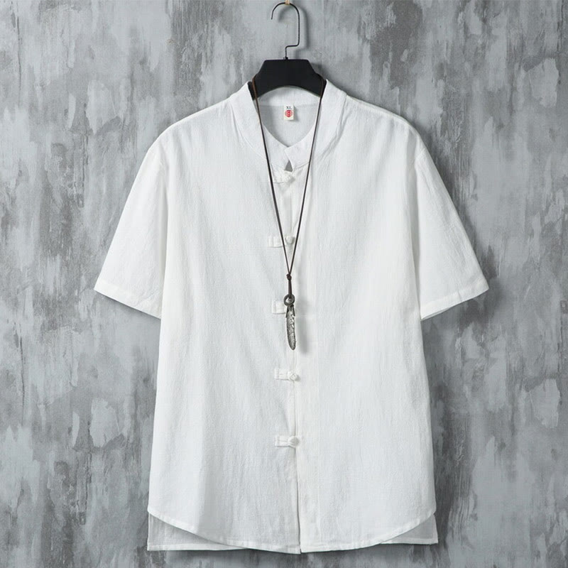 Camisa de lino y algodón de manga corta para hombre, estilo casual, con botones de rana chinos, estilo diario, Buddha Stones - Blanco - US/UK/AU46, EU56 (5XL) - image 1