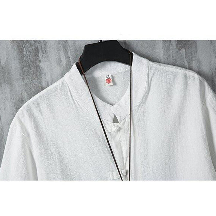 Camisa de lino y algodón de manga corta para hombre, estilo casual, con botones de rana chinos, estilo diario, Buddha Stones - image 5