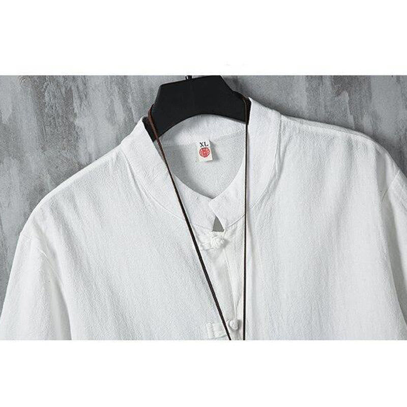 Camisa de lino y algodón de manga corta para hombre, estilo casual, con botones de rana chinos, estilo diario, Buddha Stones - image 5