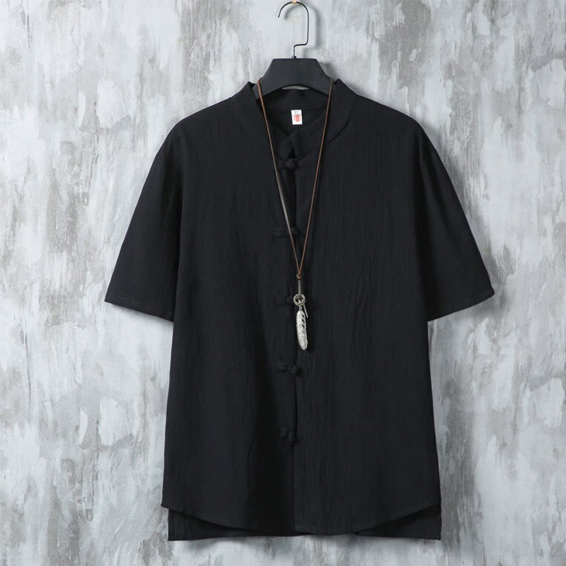 Camisa de lino y algodón de manga corta para hombre, estilo casual, con botones de rana chinos, estilo diario, Buddha Stones - Negro - US/UK/AU46, EU56 (5XL) - image 10