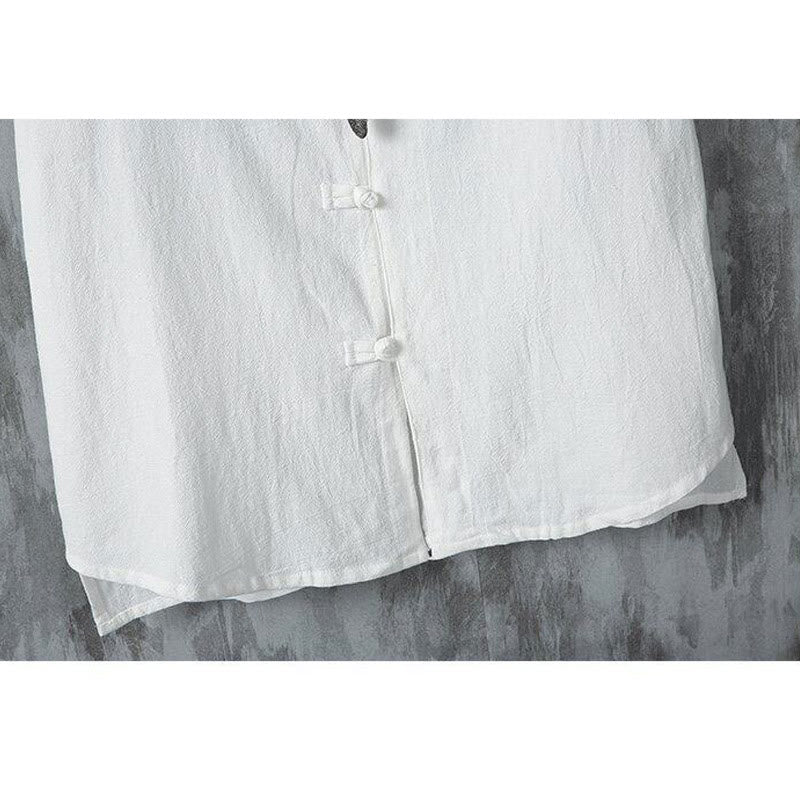 Camisa de lino y algodón de manga corta para hombre, estilo casual, con botones de rana chinos, estilo diario, Buddha Stones - image 8
