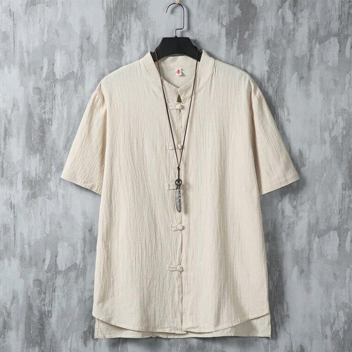 Camisa de lino y algodón de manga corta para hombre, estilo casual, con botones de rana chinos, estilo diario, Buddha Stones - Amarillo vara de oro claro - US/UK/AU46, EU56 (5XL) - image 0