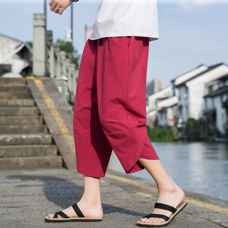 Pantalones de lino y algodón con bolsillos para hombre , informales, sencillos, lisos, de verano, con cordón, talla 7-8 - Carmesí - US/UK/AU46, EU56 (5XL) - image 21