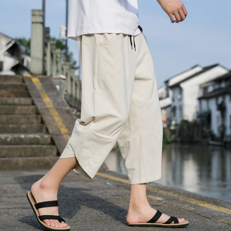 Pantalones de lino y algodón con bolsillos para hombre , informales, sencillos, lisos, de verano, con cordón, talla 7-8 - Beige - US/UK/AU46, EU56 (5XL) - image 16