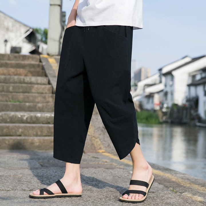 Pantalones de lino y algodón con bolsillos para hombre , informales, sencillos, lisos, de verano, con cordón, talla 7-8 - image 5