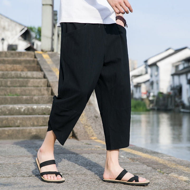 Pantalones de lino y algodón con bolsillos para hombre , informales, sencillos, lisos, de verano, con cordón, talla 7-8 - image 8