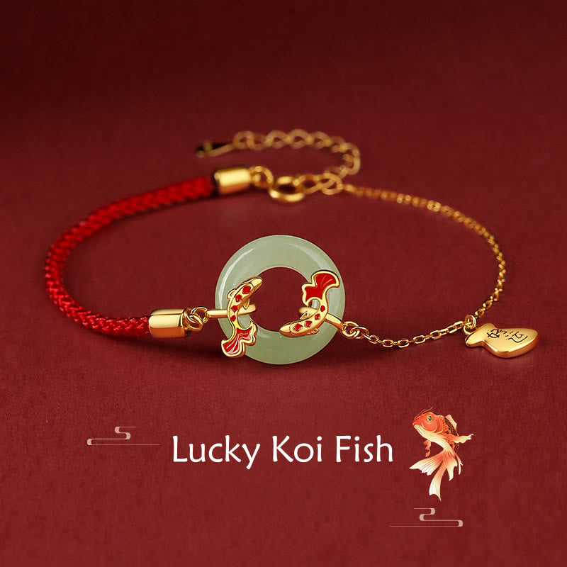 Pulsera de plata de ley 999 con Buddha Stones , jade blanco hetiano, doble pez Koi, hebilla de la paz, amuleto de la suerte y riqueza - Pez Koi (Suerte♥Prosperidad) (Circunferencia de la muñeca: 14-16 cm) - image 0