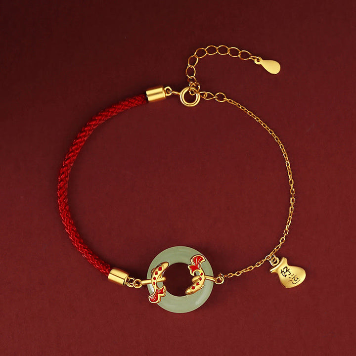 Pulsera de plata de ley 999 con Buddha Stones , jade blanco hetiano, doble pez Koi, hebilla de la paz, amuleto de la suerte y riqueza - image 1