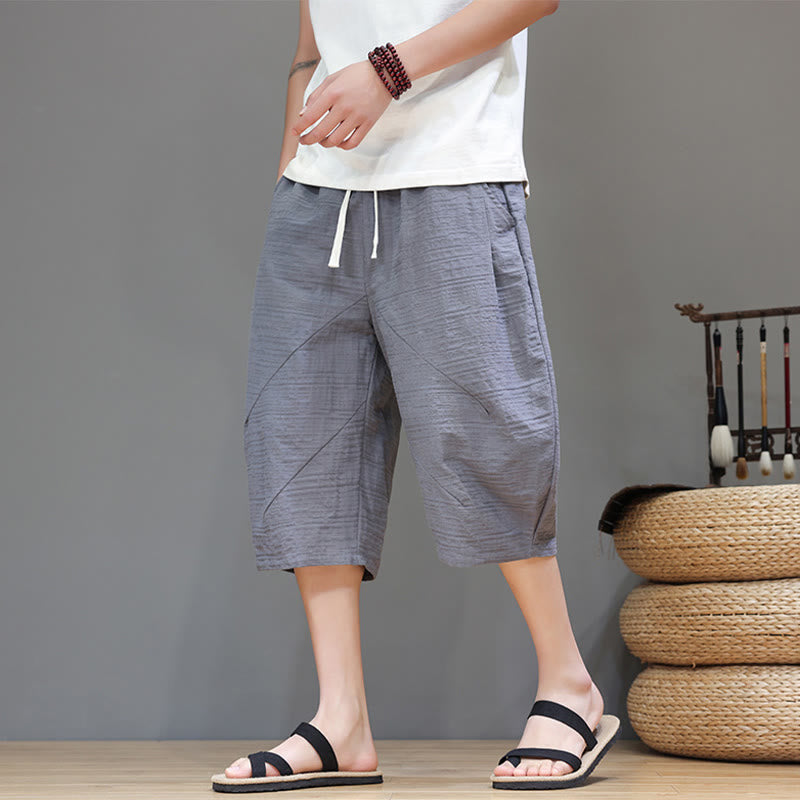 Pantalones harén de lino y algodón con bolsillos para hombre, estilo vintage, con estampado de Buddha Stones , jacquard, color liso, con cordón ajustable - Gris pizarra claro - US/UK/AU44, EU54 (4XL) - image 0