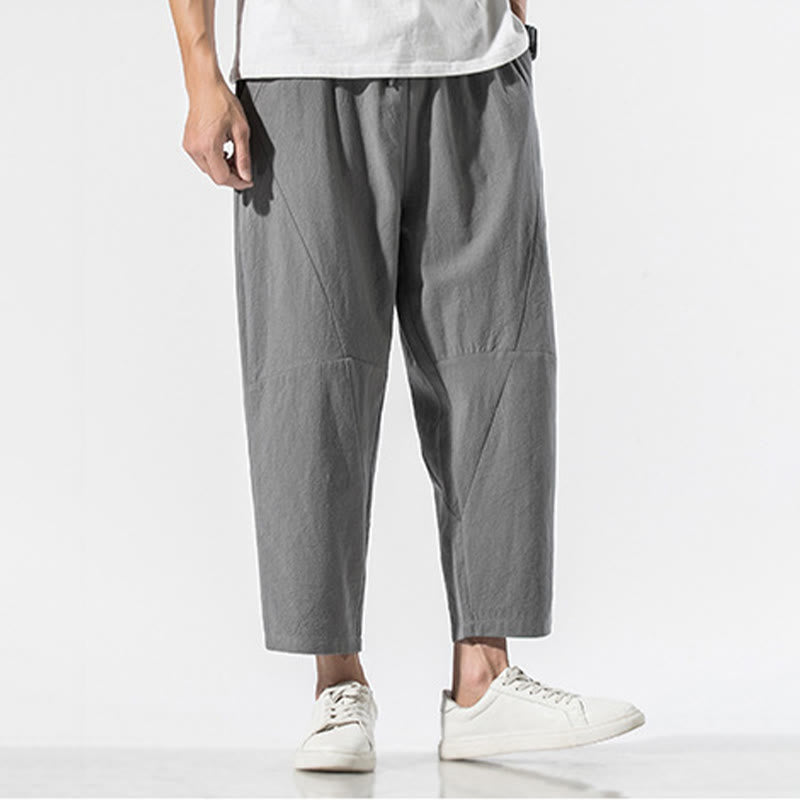 Pantalones harén de lino y algodón con cordón ajustable de color liso con jacquard vintage Buddha Stones para hombre con bolsillos - image 1