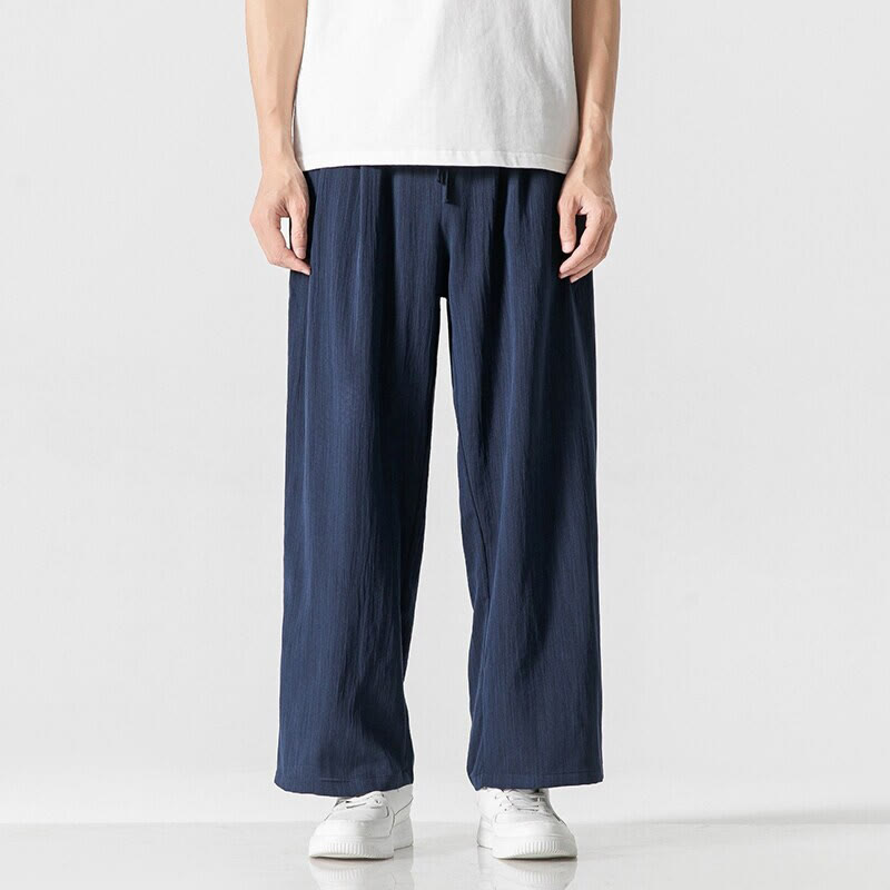 Pantalones de lino y algodón con cordón y bolsillos para hombre , Buddha Stones , lisos, de verano, con pierna recta - Azul medianoche - US/UK/AU46, EU56 (5XL) - image 20