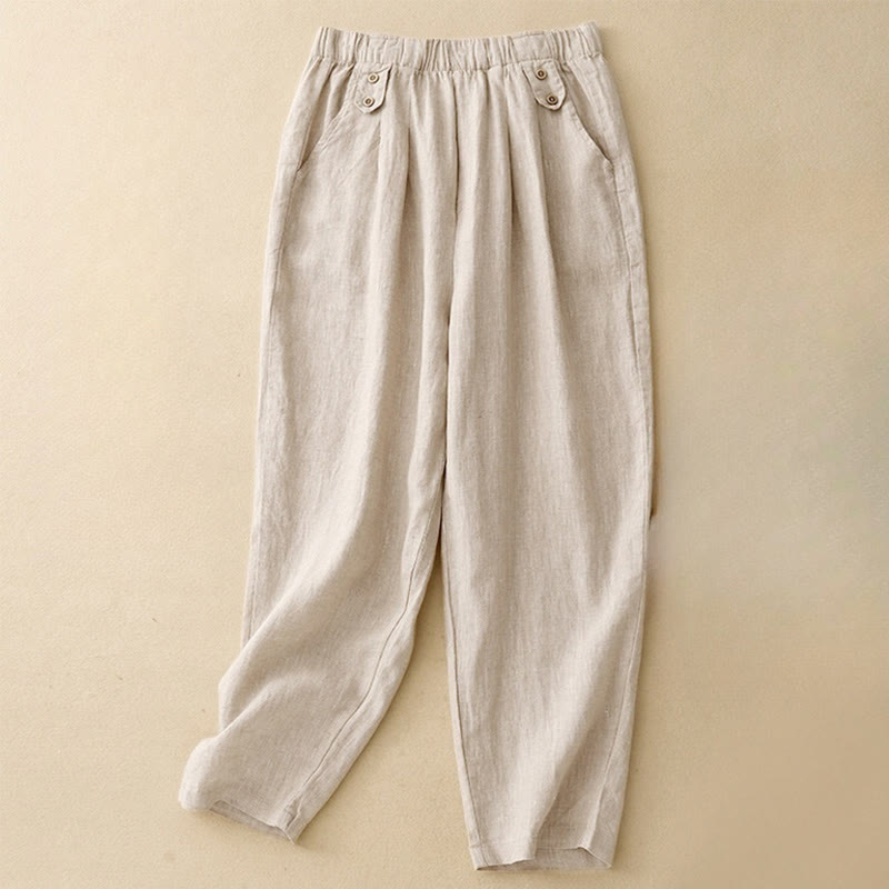Pantalones harén de lino y algodón para mujer, informales, lisos, de verano , con bolsillos, de 7 a 8 botones - Beige - US8-10，UK/AU12-14，EU40-42 (2XL) - image 10