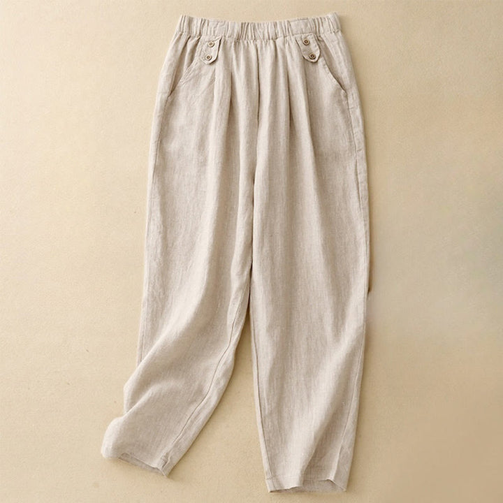 Pantalones harén de lino y algodón para mujer, informales, lisos, de verano , con bolsillos, de 7 a 8 botones - Beige - US8-10，UK/AU12-14，EU40-42 (2XL) - image 10