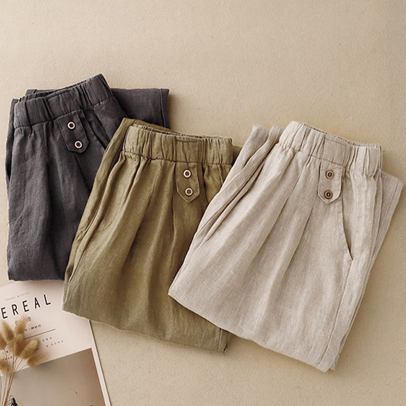 Pantalones harén de lino y algodón para mujer, informales, lisos, de verano , con bolsillos, de 7 a 8 botones - image 21