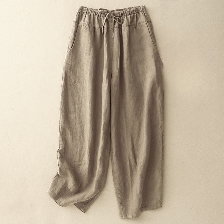 Pantalones harén de lino y algodón con bolsillos para mujer, de Buddha Stones, informales, lisos, de verano, con cordones, de largo 7-8 - Broncearse - US8-10，UK/AU12-14，EU40-42 (2XL) - image 0