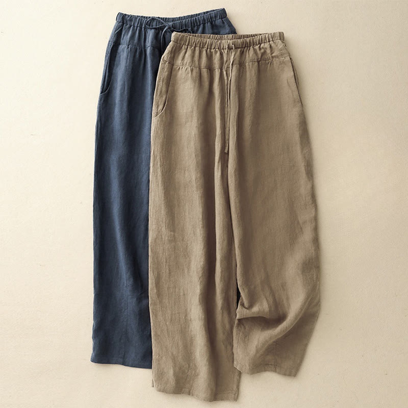 Pantalones harén de lino y algodón con bolsillos para mujer, de Buddha Stones, informales, lisos, de verano, con cordones, de largo 7-8 - image 18