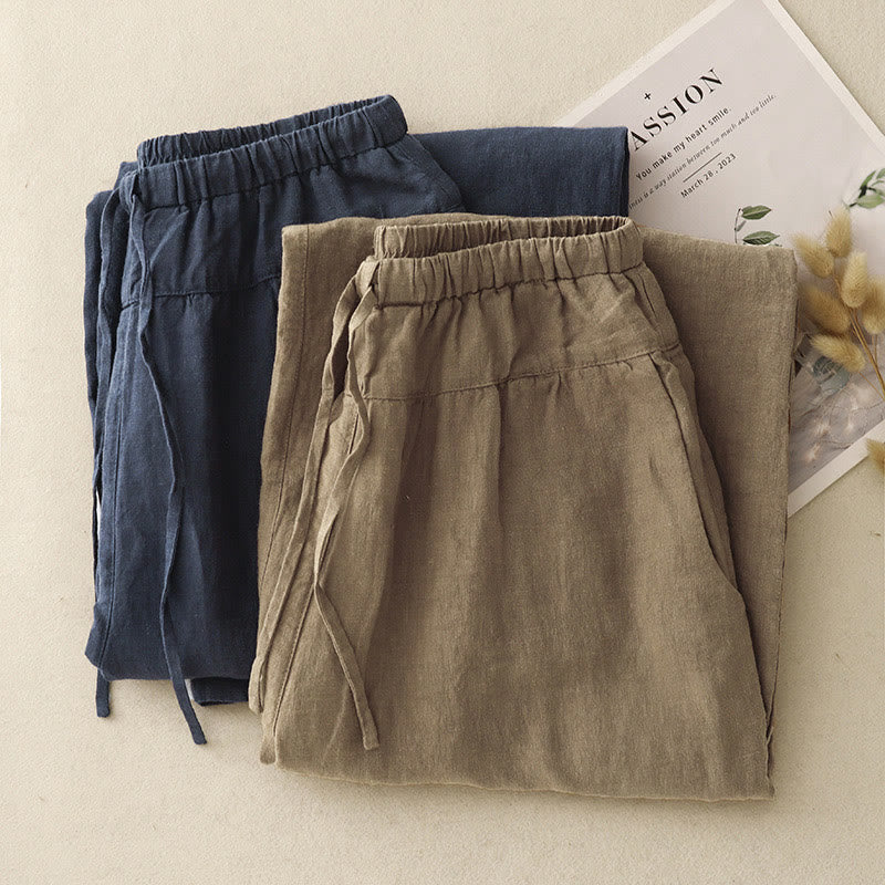 Pantalones harén de lino y algodón con bolsillos para mujer, de Buddha Stones, informales, lisos, de verano, con cordones, de largo 7-8 - image 19