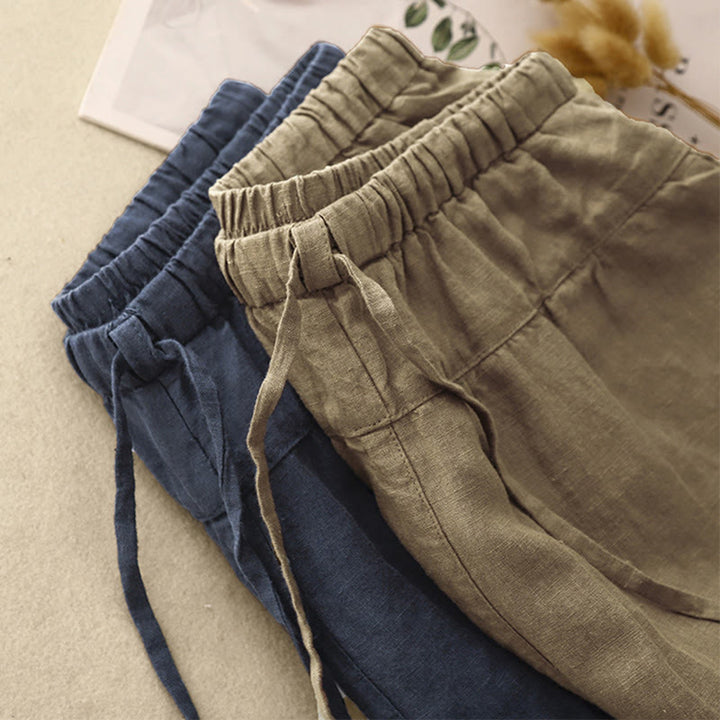 Pantalones harén de lino y algodón con bolsillos para mujer, de Buddha Stones, informales, lisos, de verano, con cordones, de largo 7-8 - image 20