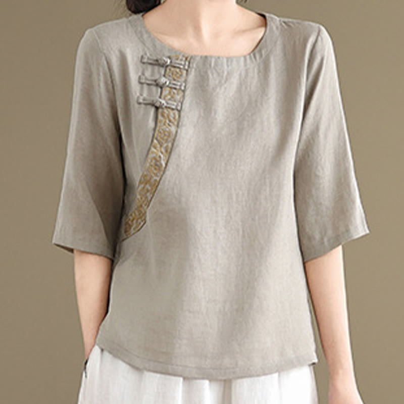 Camisa informal de lino y algodón con estampado floral bordado de Buddha Stones para mujer, cuello redondo, manga corta y botones de rana - image 3